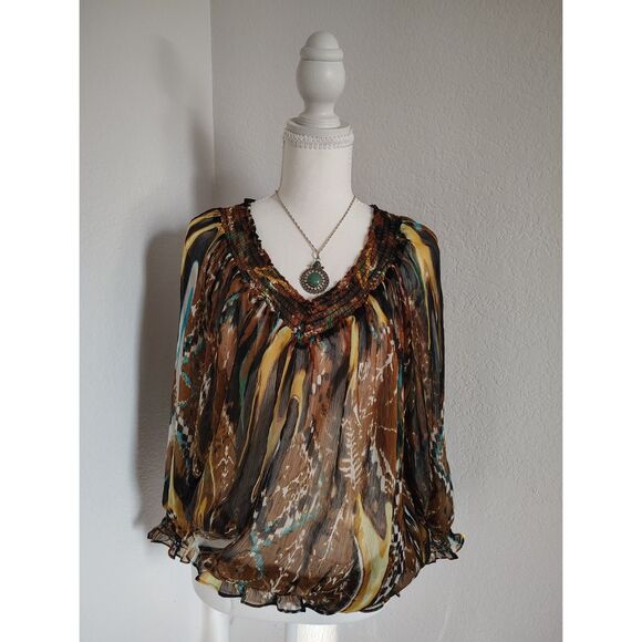 Chico's Tops - Chicos Abstract Chiffon Flowy Peasant Blouse Smocked V-Neck Size 3